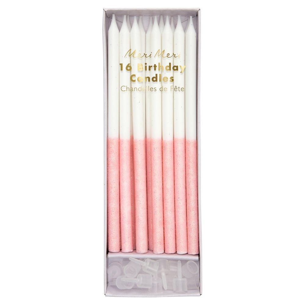 Iridescent Pale Pink Glitter Dipped Candles Set 16